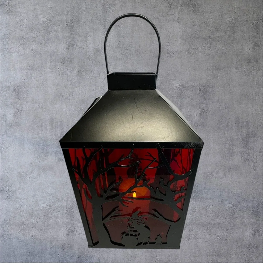 Illumination Halloween Witch Lantern LED Flameless Candle Black Red 13in Spooky
